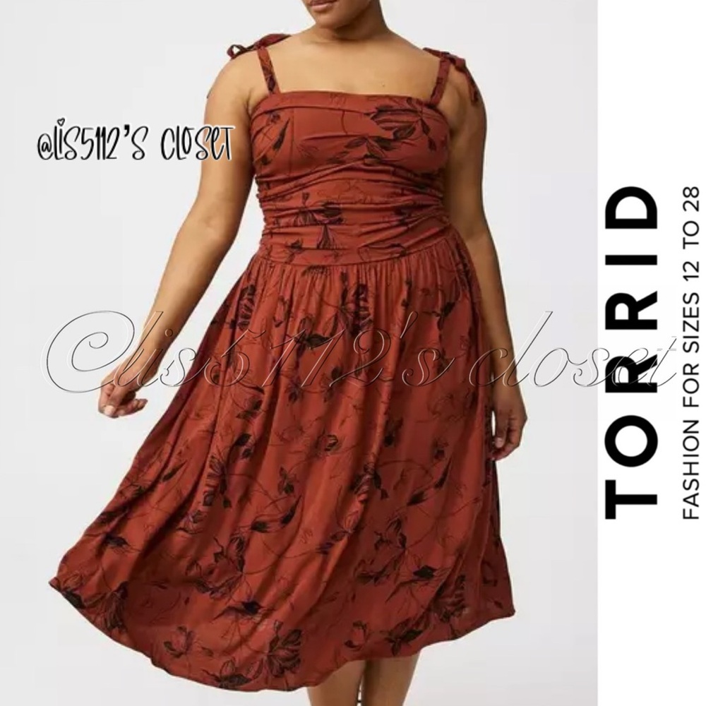 Torrid Floral Roasted Russet Shirred Tea Length Dress 2X 18 20